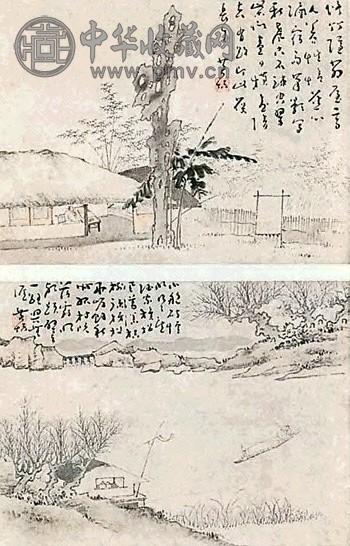 黄慎 山水人物(2帧) 立轴 浅绛纸本