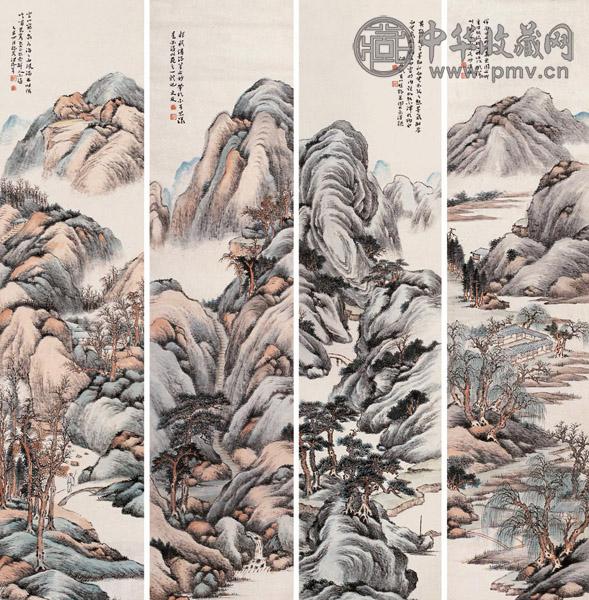 汪洛年 乙丑(1925年)作 四季山水 四屏 设色纸本