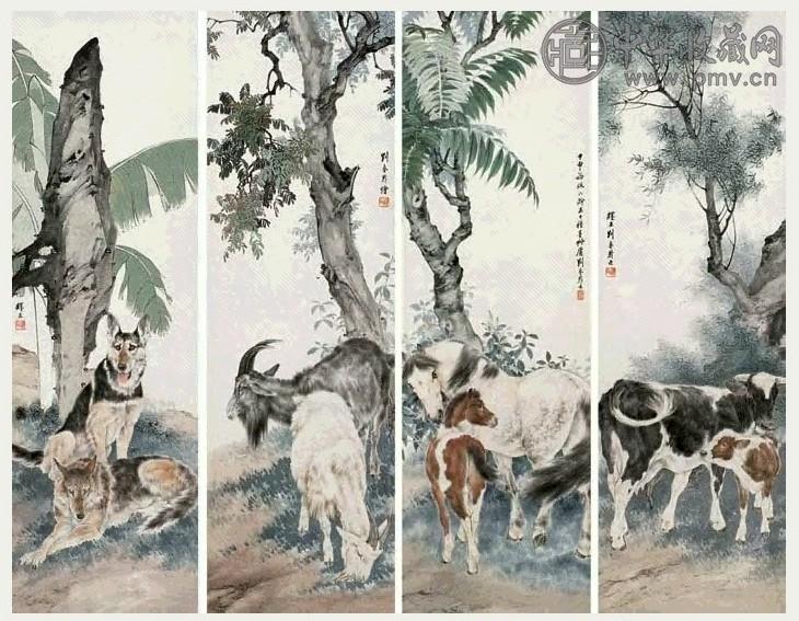 刘奎龄 甲申(1944年)作 忠孝节义 四屏 设色纸本