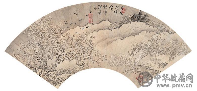 溥儒 寒林鸦阵 扇面 设色绢本