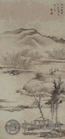 查士标 1680年作 水竹村居图 立轴