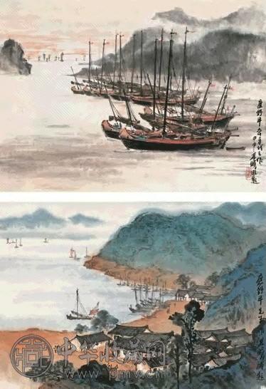 应野平 山水(2张) 单片 设色纸本