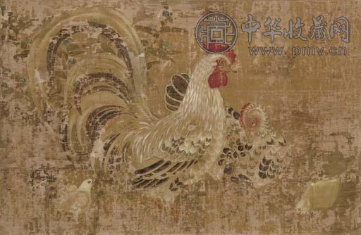 群鸡图 斗方 设色绢本