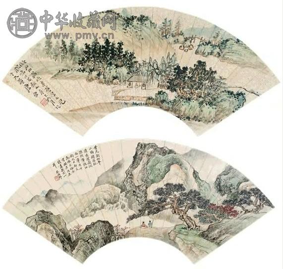 唐云 山水(2件) 扇面 设色纸本