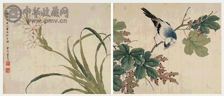 缪嘉惠 花鸟 册页(8开选2) 纸本设色