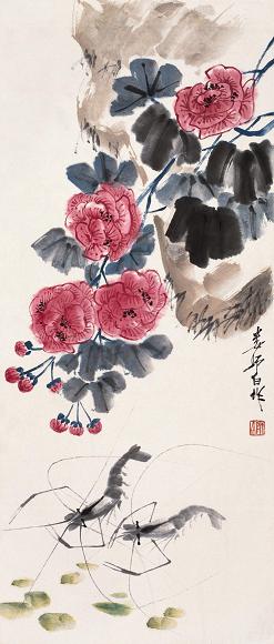 娄师白 芙蓉游虾图 立轴 设色纸本