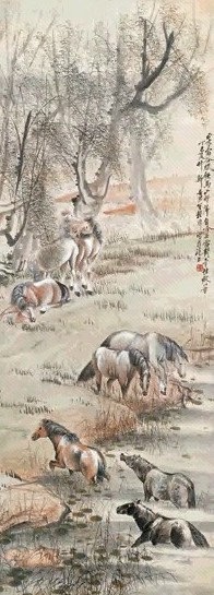 程璋 丁巳(1917年)作 八骏图 立轴 设色纸本