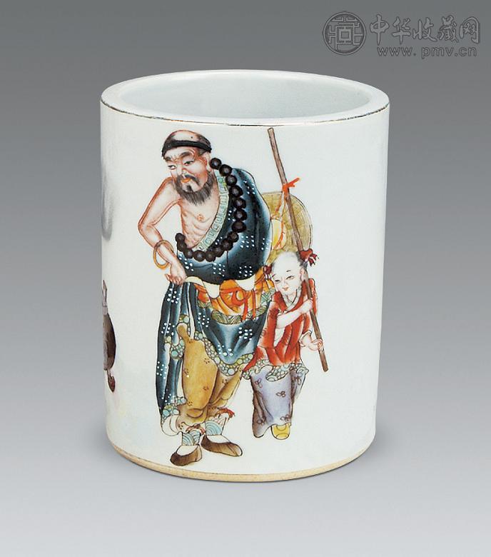 民国 粉彩罗汉纹笔筒
