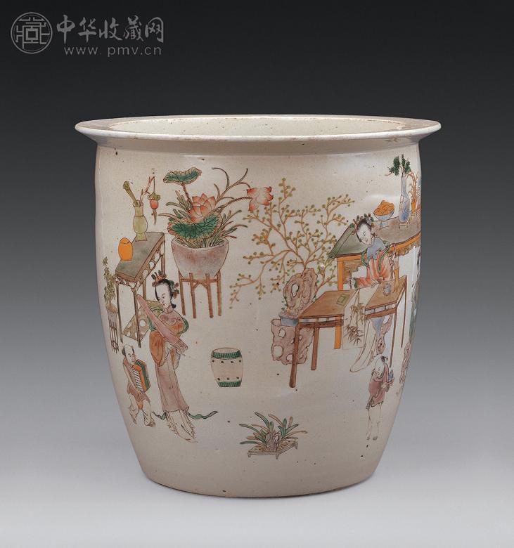 民国 浅绛彩人物室景纹书画缸