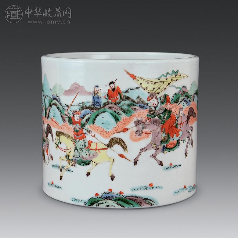 清光绪 五彩刀马人物笔筒