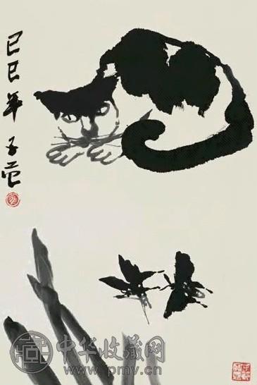 崔子范 己巳(1989年)作 猫蝶 镜心 水墨纸本