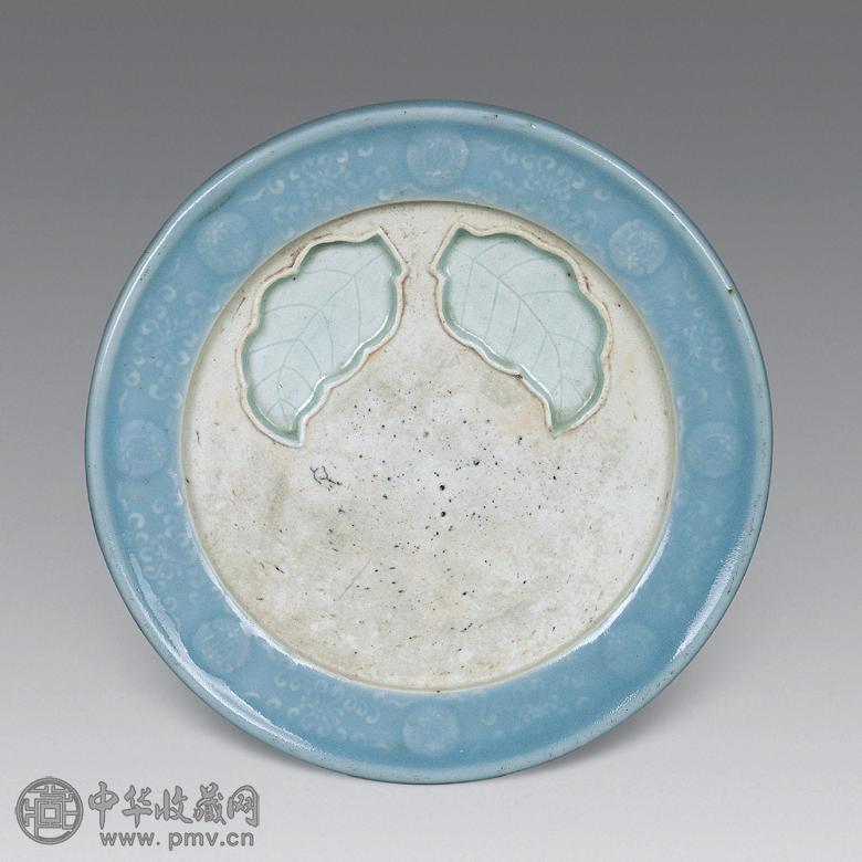 民国 天蓝釉印花卉瓷砚