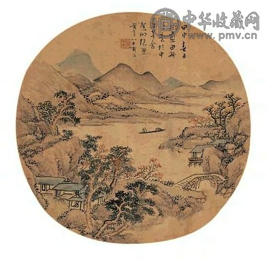 张熊 甲申(1884年作) 山水 扇面 设色绢本