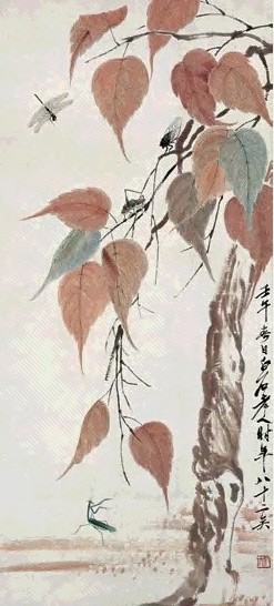 齐白石 1942年作 贝叶草虫图 立轴 设色纸本