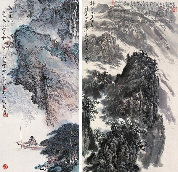 梁桂元 丘静思 甲子(1984年)作 乙丑(1985年)作 高山流水 武夷放棹 立轴 设色纸本