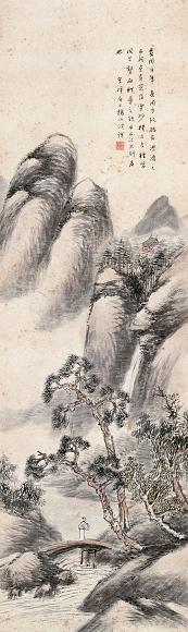 杨伯润 秋山萧寺图 立轴 设色纸本