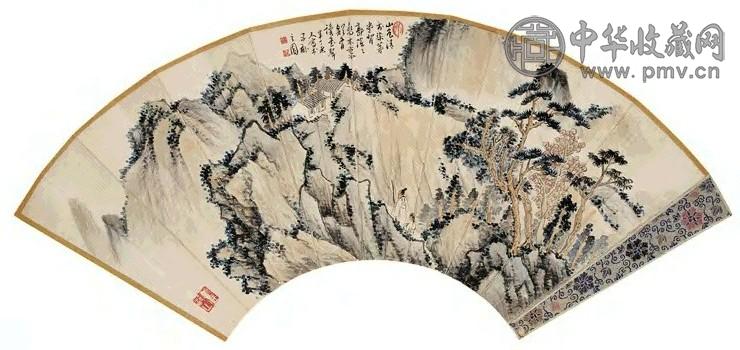 陈半丁 秋山檇杖图并行书五言诗 扇面