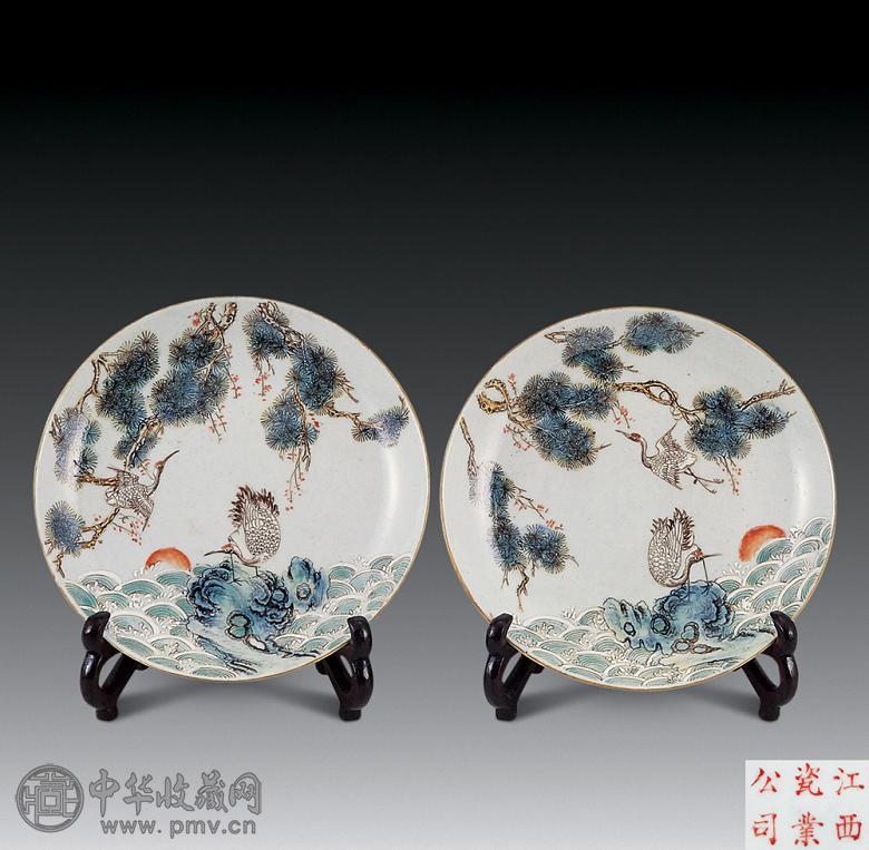民国 粉彩寿山福海松鹤纹盆(1对)