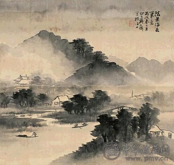 吴石僊 1946年作 仿米芾山水 镜心 设色纸本