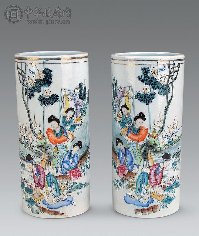 民国 粉彩仕女人物纹帽筒(1对)