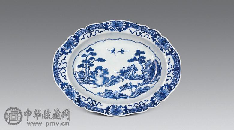 清乾隆 青花牧童椭圆洗