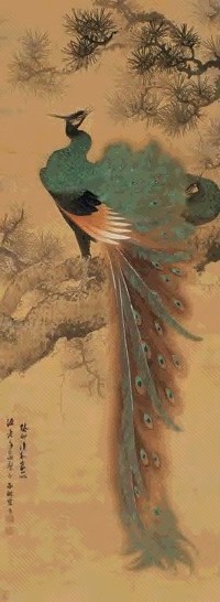 蓝孟 1663年作 孔雀 立轴 设色绢本