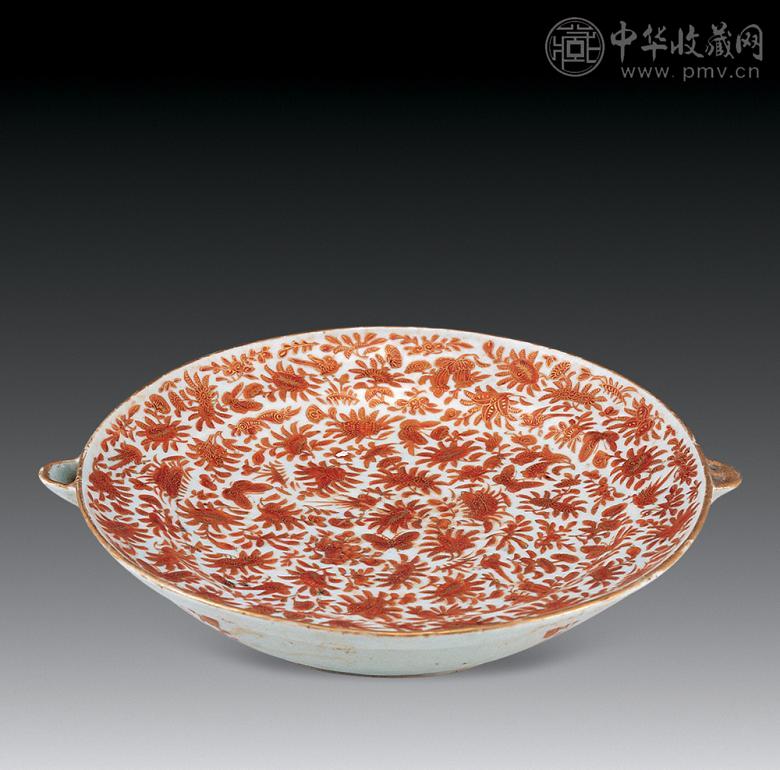 清 矾红描金花蝶纹暖盆