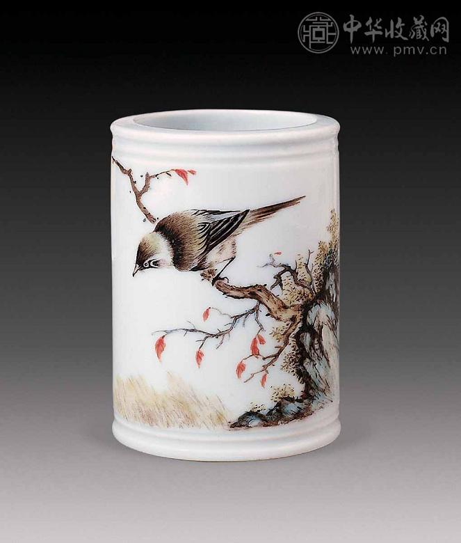 民国 粉彩花鸟笔筒