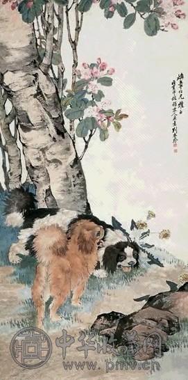 刘奎龄 戊寅(1938年)作 双犬 立轴 设色纸本