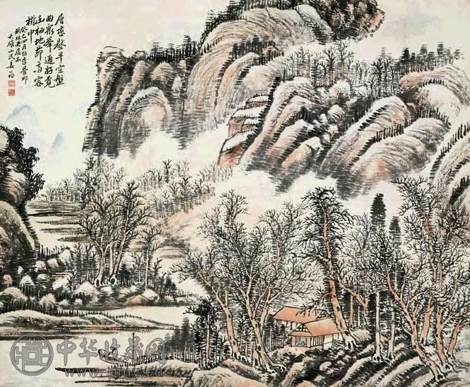 姜筠 松林老屋 横幅 设色纸本