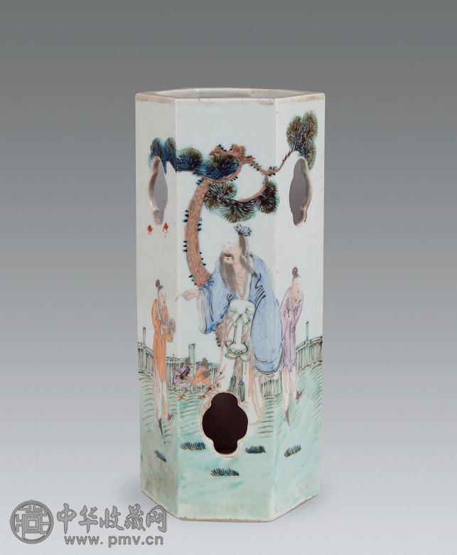 清晚 浅降彩人物诗文镂空帽筒