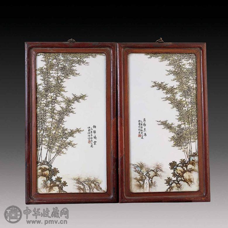 民国 粉彩竹纹山水瓷板(2件)