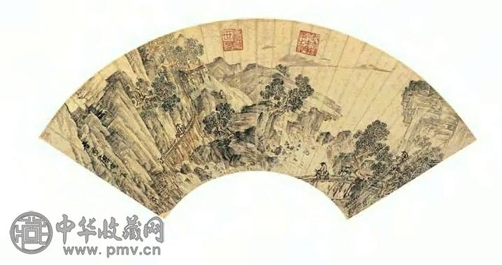 唐寅 关山行旅图 扇面 设色金笺
