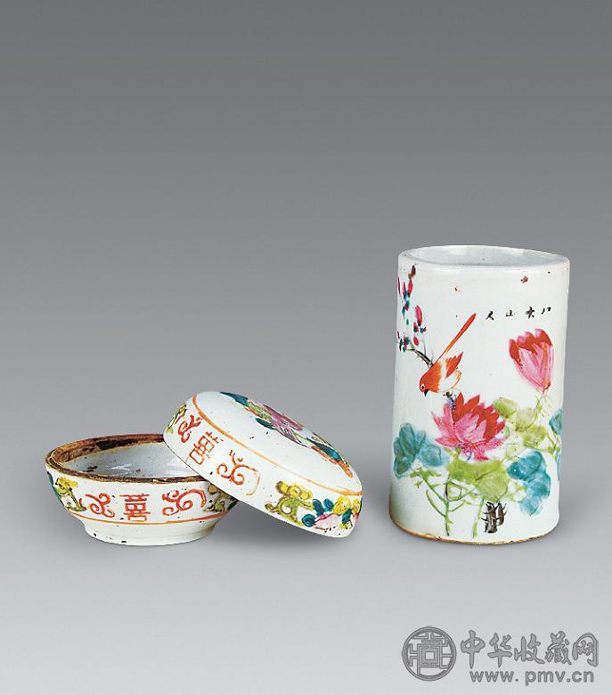 民国 粉彩笔筒印泥盒各一
