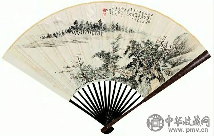 黄孝纾 山水 行草 成扇 设色纸本