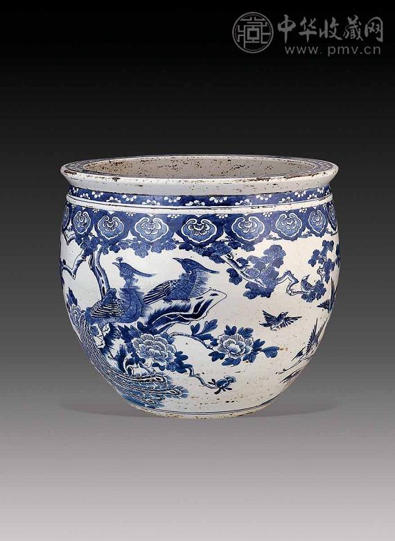 清雍正 青花百鸟朝凤圆卷缸