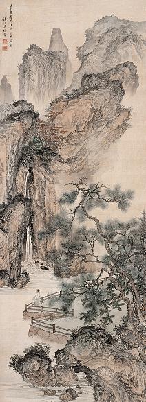 吴镜汀 乙亥(1935年)作 松山观瀑 立轴 设色绢本