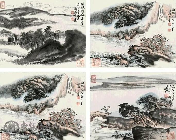 陆俨少 1980年作 山水 册页(4开) 设色纸本