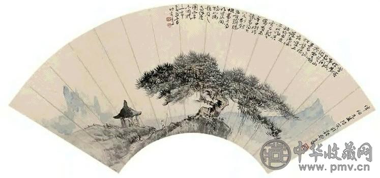 郑午昌 壬申(1932年)作 危崖孤松图 扇面 设色纸本