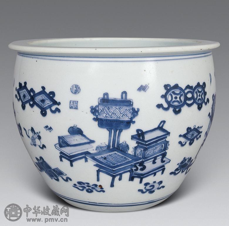 清康熙 青花博古小缸