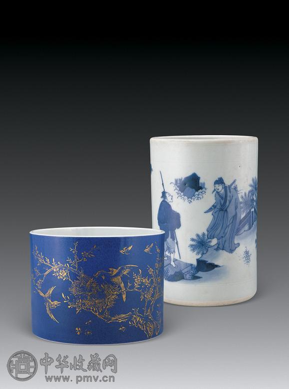 清康熙 洒蓝描金花鸟纹笔筒