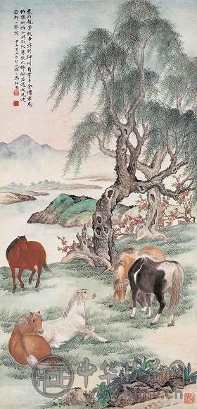 马骀 甲子(1924年)作 春郊散马 立轴 设色纸本