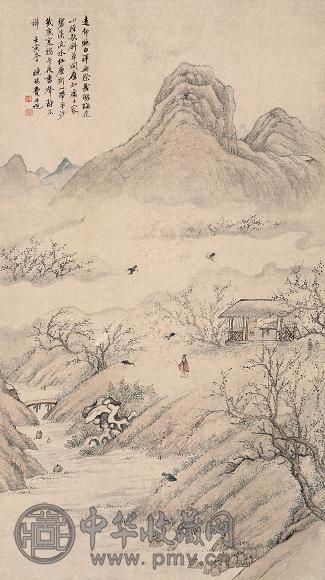 费丹旭 壬寅(1842年)作 山水 立轴 设色纸本