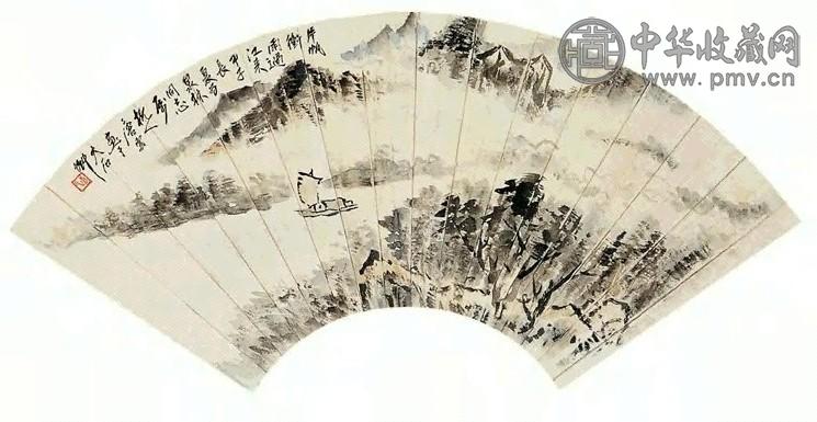 唐云 片帆冲雨过江来 扇面 设色纸本