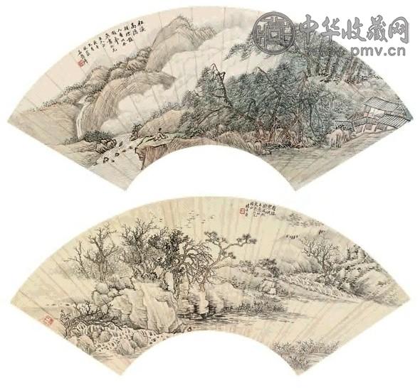吴榖祥 山水(2件) 扇面 设色纸本