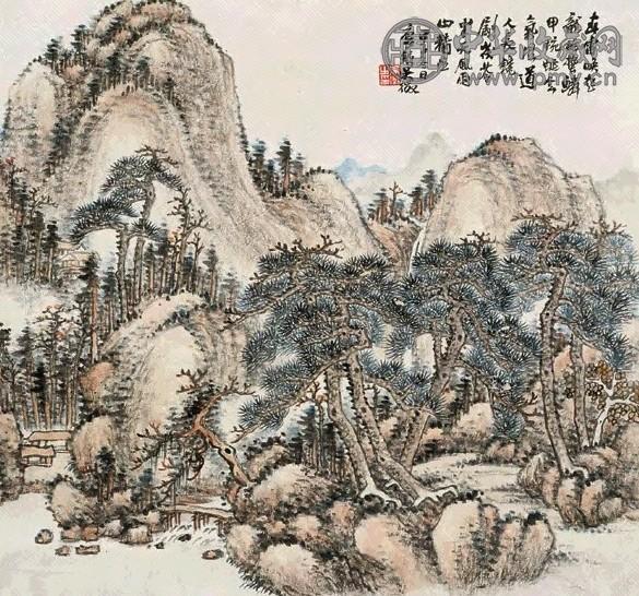 吴待秋 甲子(1924年)作 松山流泉 立轴 设色纸本