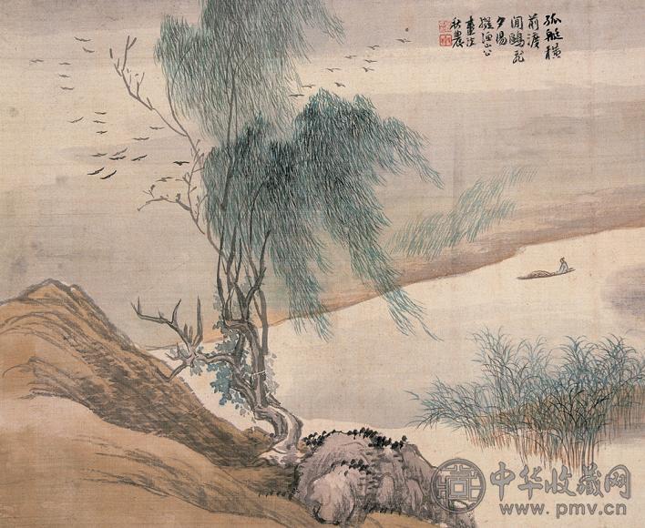吴穀祥 孤艇横前渡 立轴 绢本