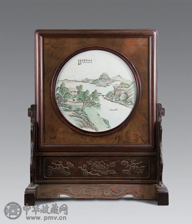 清 山水纹瓷板座镜