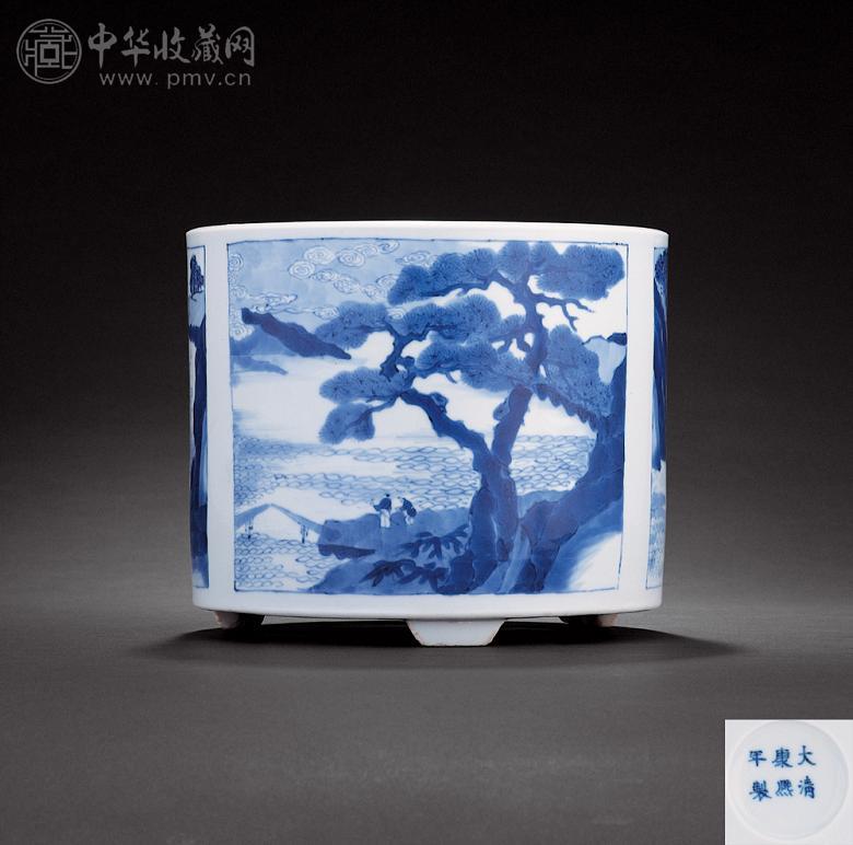 清康熙 青花江边独钓图笔筒