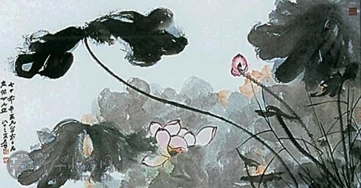 张大千 1981年作 红荷 镜框 纸本设色